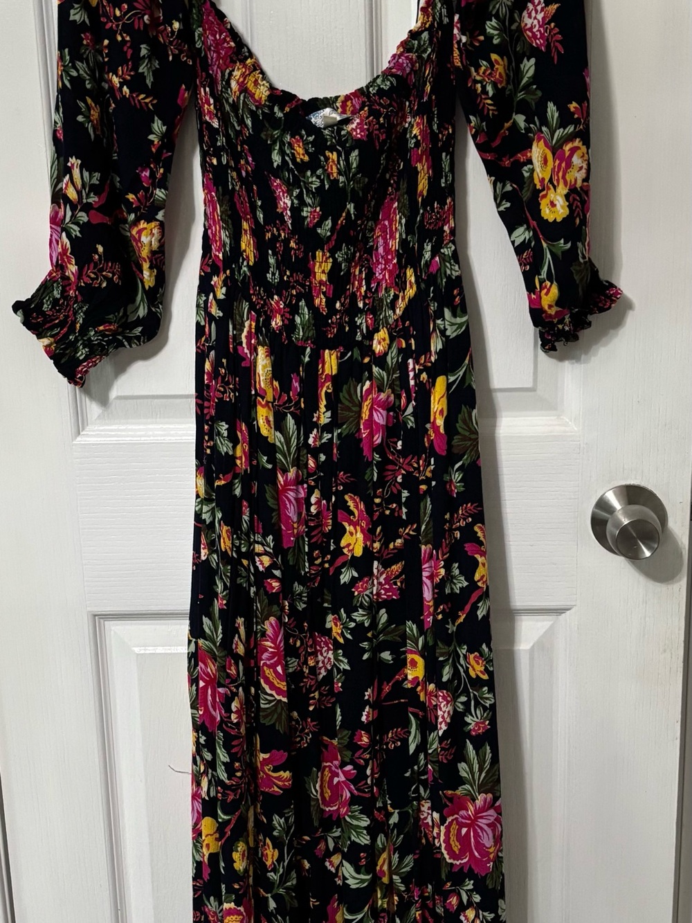 Off shoulder Maxi Dress with smocked bodice Pink & Yellow Blooms by